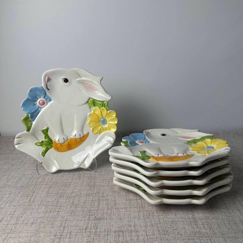 Pier 1 Imports Bunny Plates Set of 6 Hand Painted Easter Rabbit Stoneware